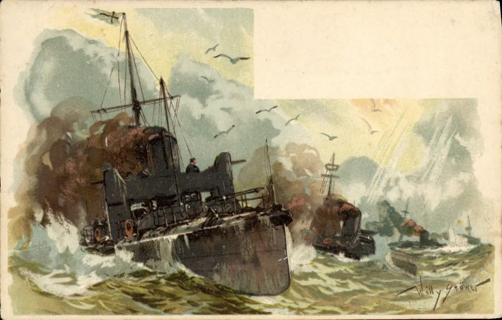Batalha naval — barcos no mar agitado — desenho de Willy Gröner - Frente
