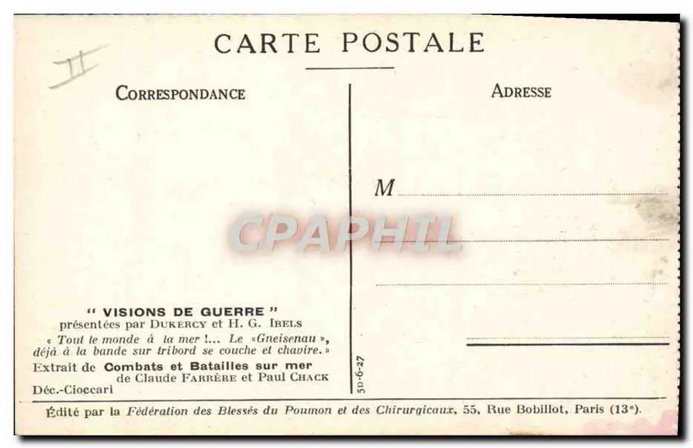 O « Gneisenau » em processo de capotar — Excerto de « Combats et Batailles sur mer » — Editado pela Federação dos Feridos Pulmonares e Cirúrgicos, 55, Rue Bobillot, Paris (13e) - Verso