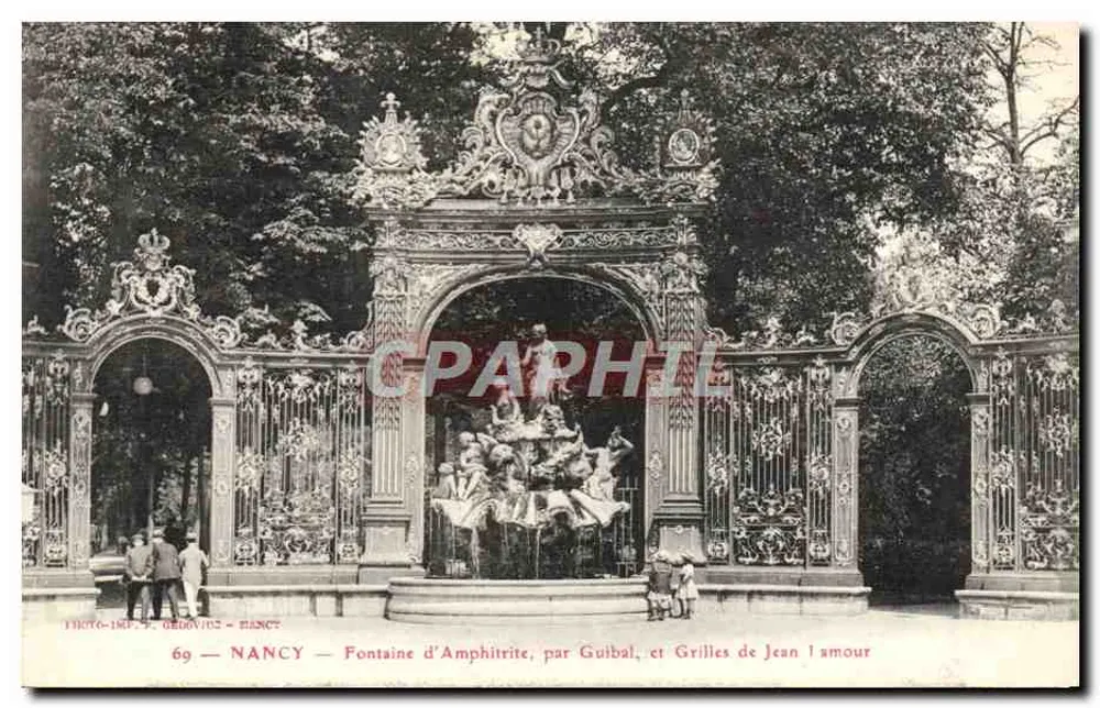 Nancy — Fontäne der Amphitrite, von Guibal, und Grilles von Jean l'Amour — Photo-Gravure Gédonvics - Vorderseite