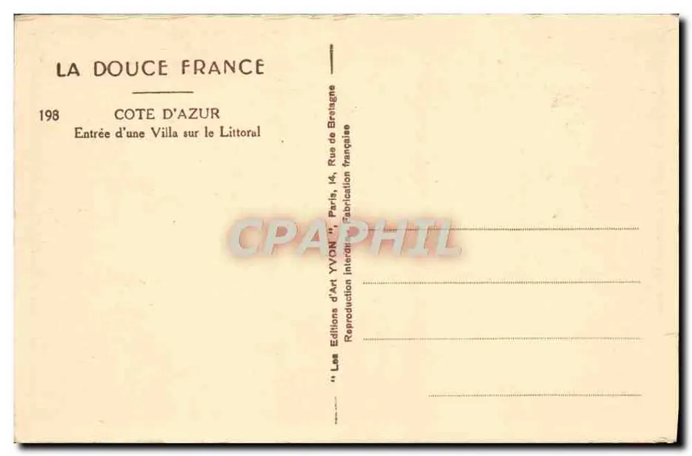 Eingang einer Villa am Küstenstreifen — Côte d'Azur — Éditions d'Art YVON, n°198 - Rückseite