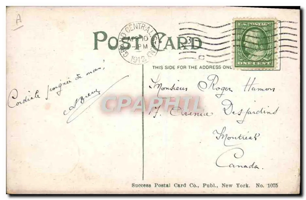 Incêndio — bombeiros em ação — Success Postal Card Co., New York, n° 1075 - Verso