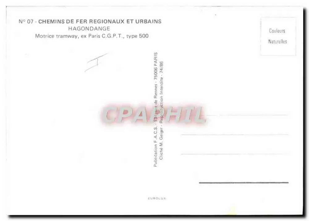 Tramway a Hagondange — Motrice ex Paris C.G.P.T., tipo 500 — Edizione F.A.C.S. - Verso