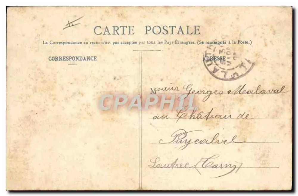Série A — Sereia segurando sinal 'JE SUIS POUR LA VIE TAPETITE CARPE CHÉRIE' — Phototypie A. Bergrabet & Cie, Nancy - Verso