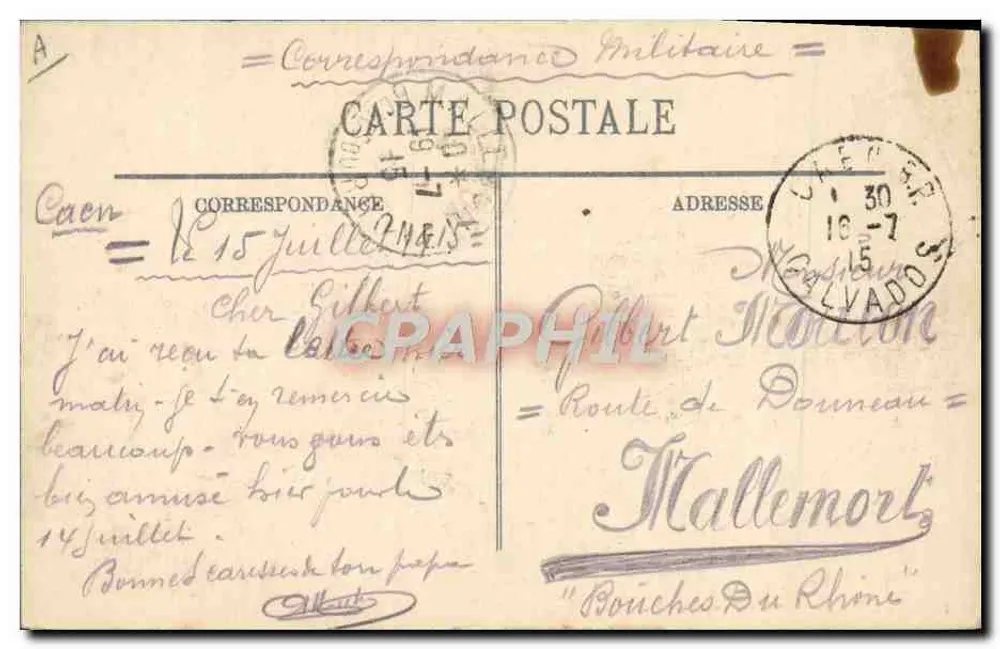 Caen — A Gendarmeria — LL. — União das Mulheres da França — Hospital Auxiliar Território N°109 — 16 de julho de 1915 - Verso