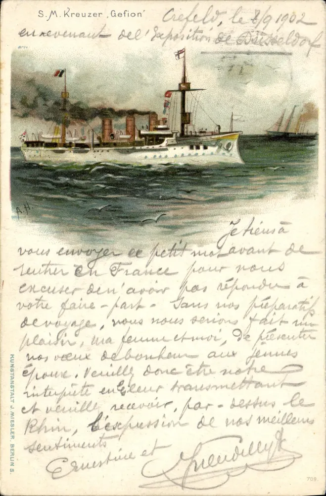 S.M. Kreuzer Gefion — navio de cruzeiro — KUNSTANSTALT J. MIESLER, BERLIN S. - Frente