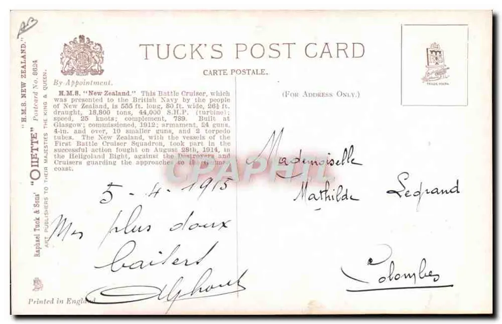 H.M.S. New Zealand — Couraçado de Batalha — Cartão Postal Tuck No. 8624 - Verso