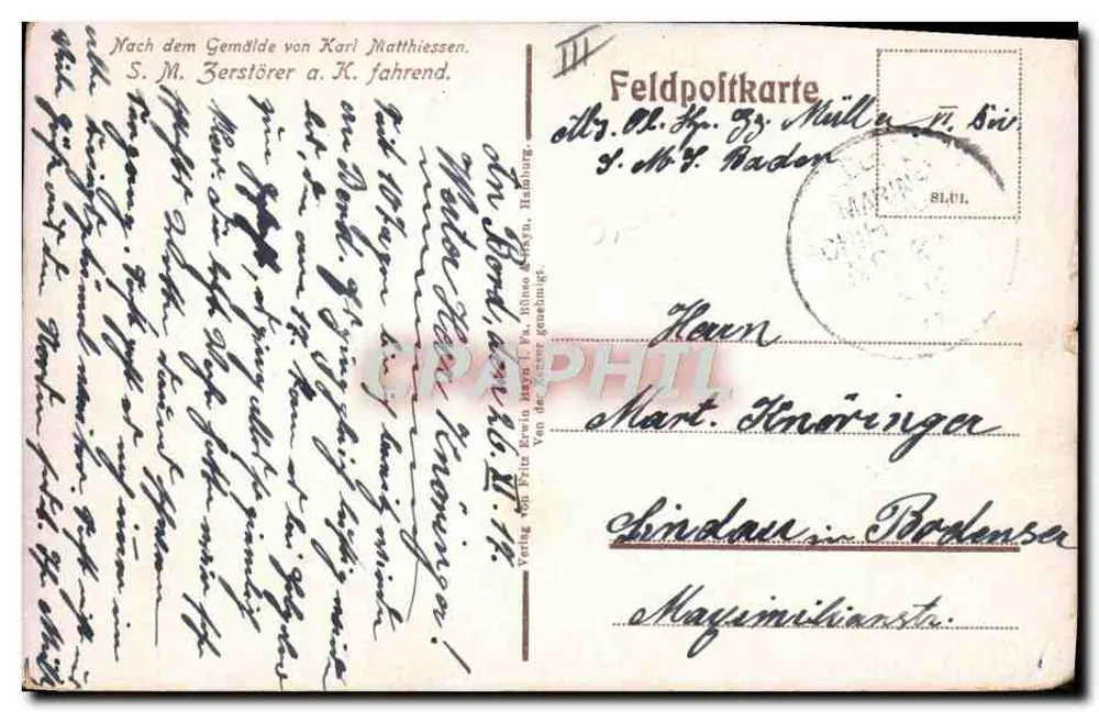 S.M. Zerstörer a. K. fahrend — Nach dem Gemälde von Karl Matthiessen — Feldpostkarte - Rückseite