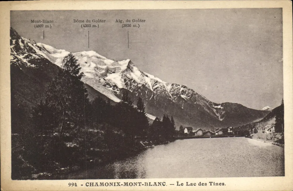 Chamonix-Mont-Blanc — Il Lago dei Tines — vista dei monti Mont-Blanc, Dôme du Gouïter e Aig. du Gouïter - Recto