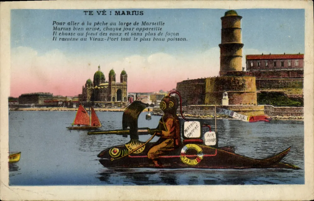 Marins et phare — scène de pêche sous-marine à Marseille — éditeur Cie des Arts Photomécaniques, Schiltigheim - Frente