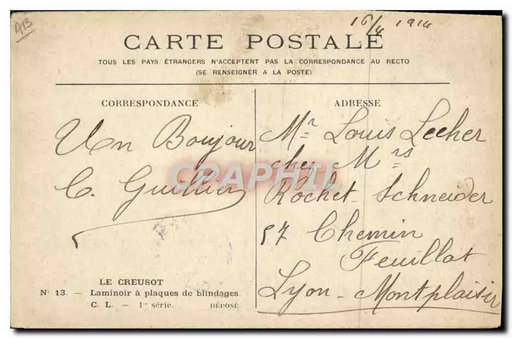 Le Creusot - Walzwerk für Panzerplatten — Verlag C. L., 1. Serie, Nr. 13 - Rückseite