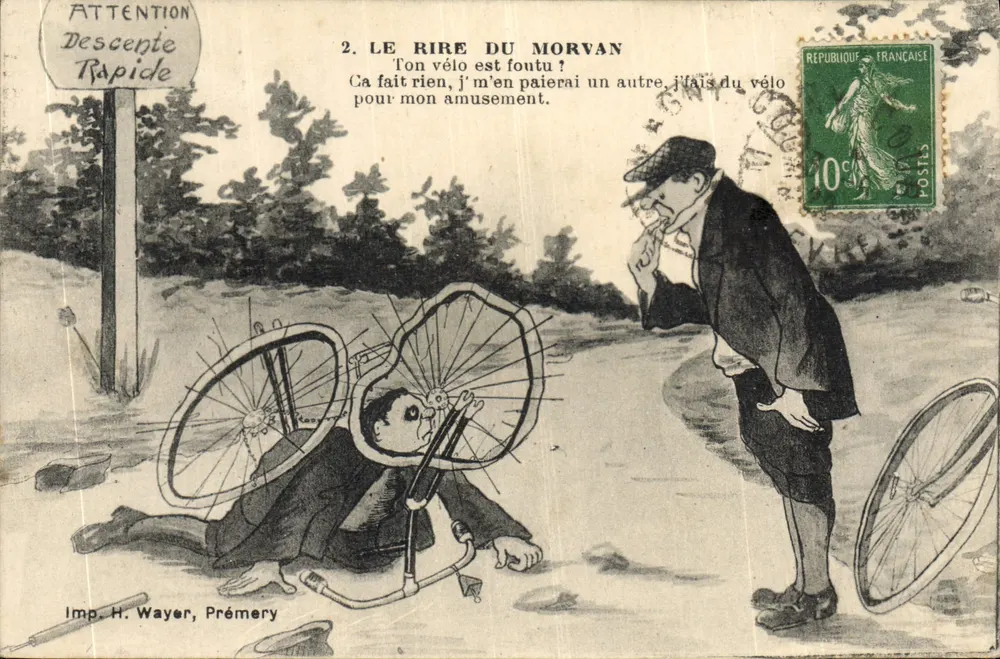 Śmiech z Morvanu — Karikatura rowerzysty upadłego — Druk. H. Wayer, Prémery - Awers