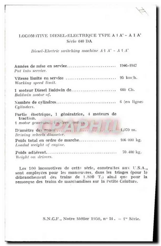 Dampflokomotive vom Typ A 1'A' — Serie 040 DA — S.N.C.F., Notre Métier 1950, n° 24 — 1. Serie - Rückseite