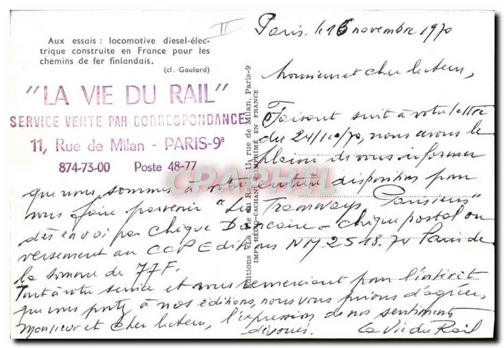 Dampflokomotive mit Elektroantrieb — Tests in Paris — Verlag 'La Vie du Rail' - Rückseite