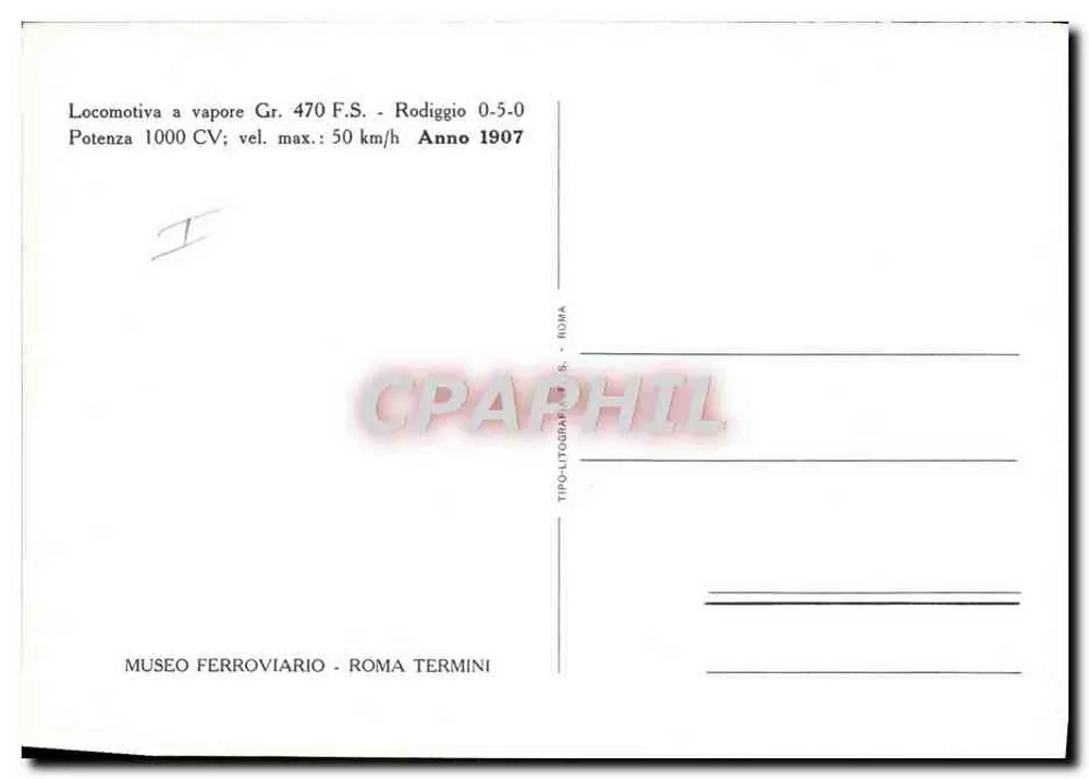 Locomotiva a vapor Gr. 470 F.S. — Rodiggio 0-5-0 — TYPO-LITOGRAFIA ROMA - Verso