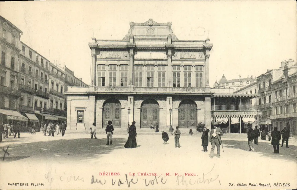 Béziers. O Teatro — M. P. Fot. — Papeterie Filippi, 28 Allées Paul-Riquet - Frente