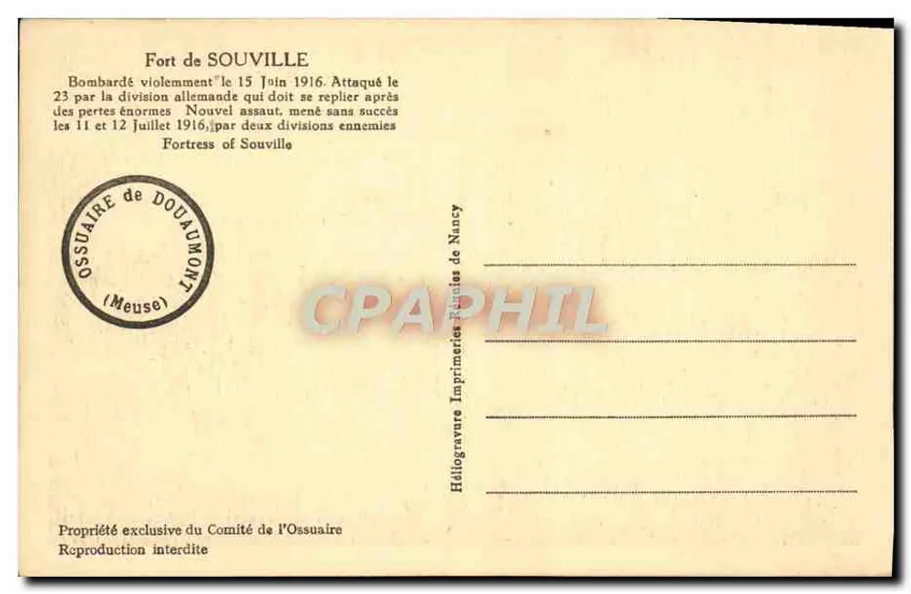 Fort de Souville — 1916 bombardiert und angegriffen — Imprimerie de Douaumont - Rückseite