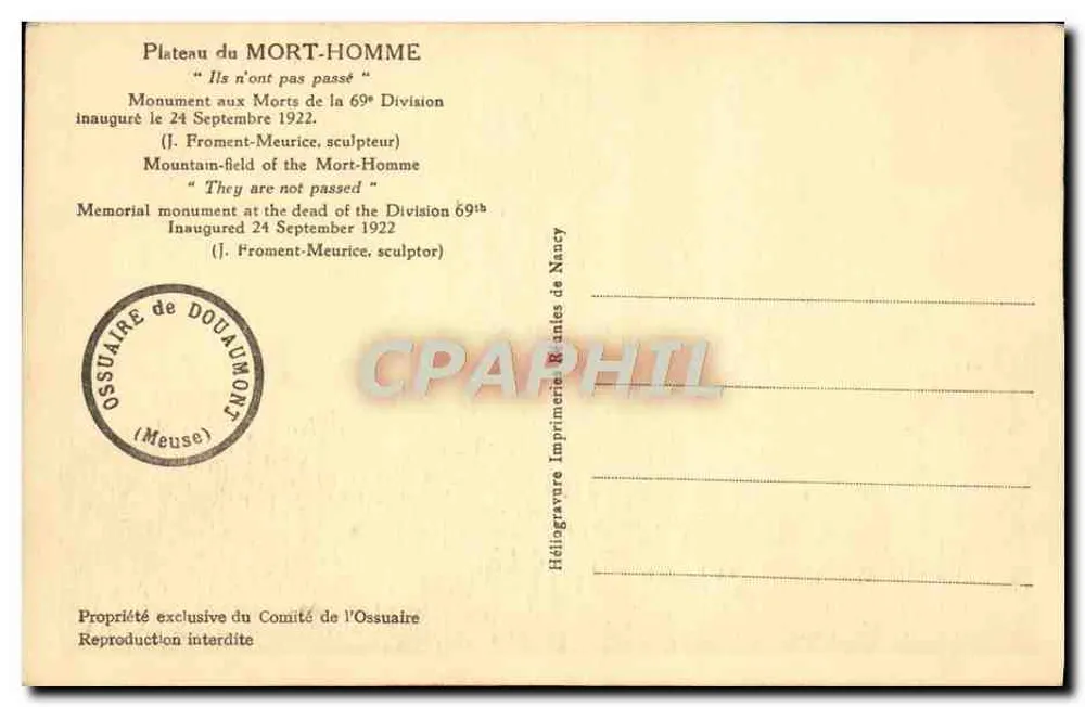 Plateau du Mort-Homme — Gedenkstein für die Toten der 69. Division — Werk von J. Froment-Meurice - Rückseite