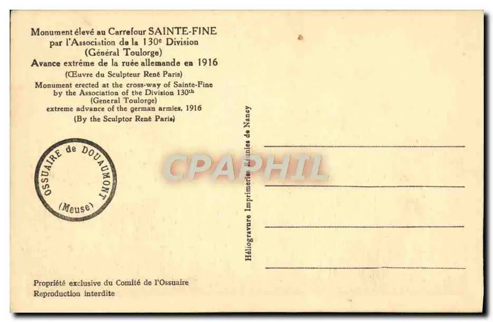 Gedenkstein für die Toten — 130. Division — Ossuar von Douaumont - Rückseite