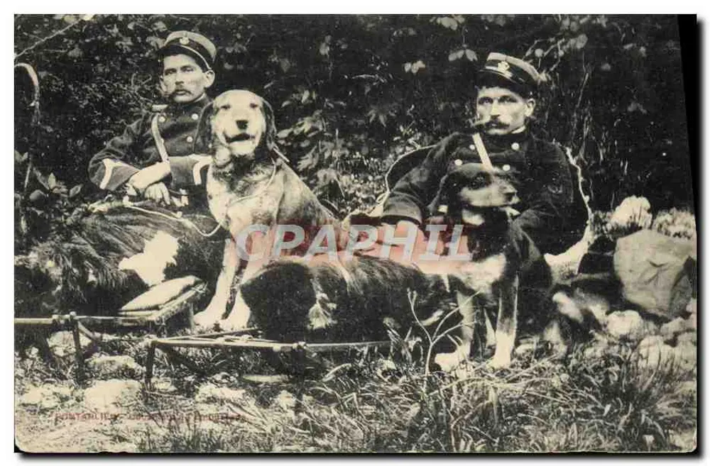 Zwei Soldaten und ihre Hunde — Jagd-Szene im Wald — Verlag: F. BONNET, N° 104 - Vorderseite