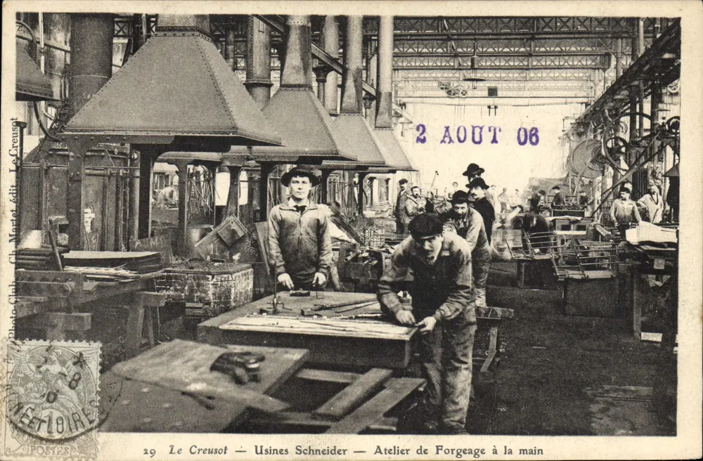 Le Creusot — Usinas Schneider — Oficina de Forjamento à Mão — Photo-Club Ch. Montet, editor, Le Creusot - Frente