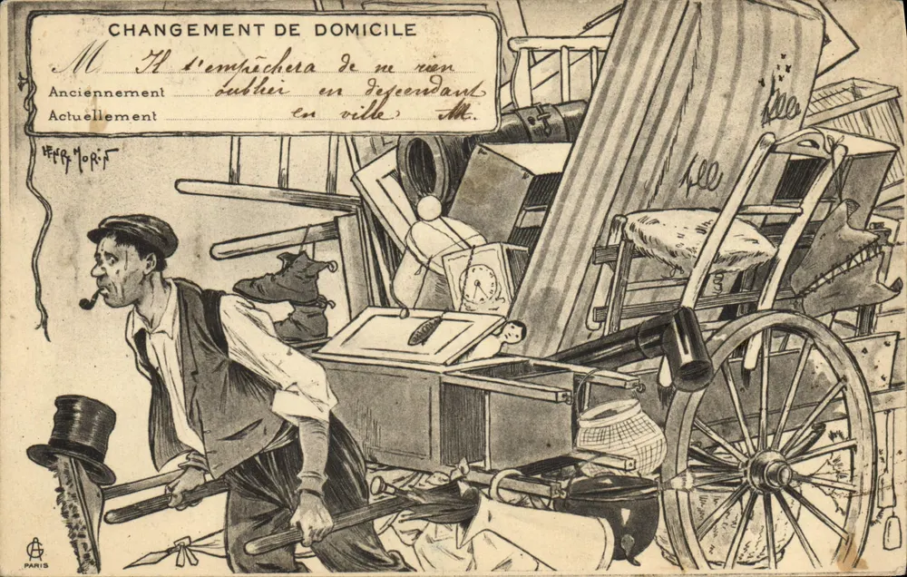 Wohnungswechsel — Karikatur eines Möbelschleppers — Henri Moria, Paris - Vorderseite
