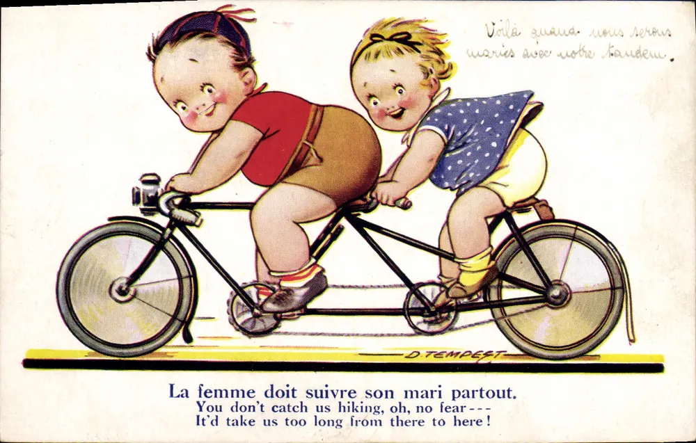 Dois crianças em um tandem — D. TEMPEST — Impresso na Inglaterra, No. 454 - Frente