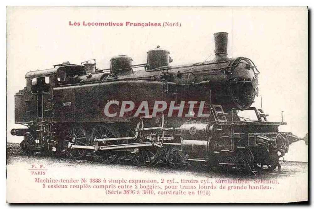 Locomotiva francesa Nord N° 3838 — Máquina-tender de simples expansão — F. F. Paris - Frente