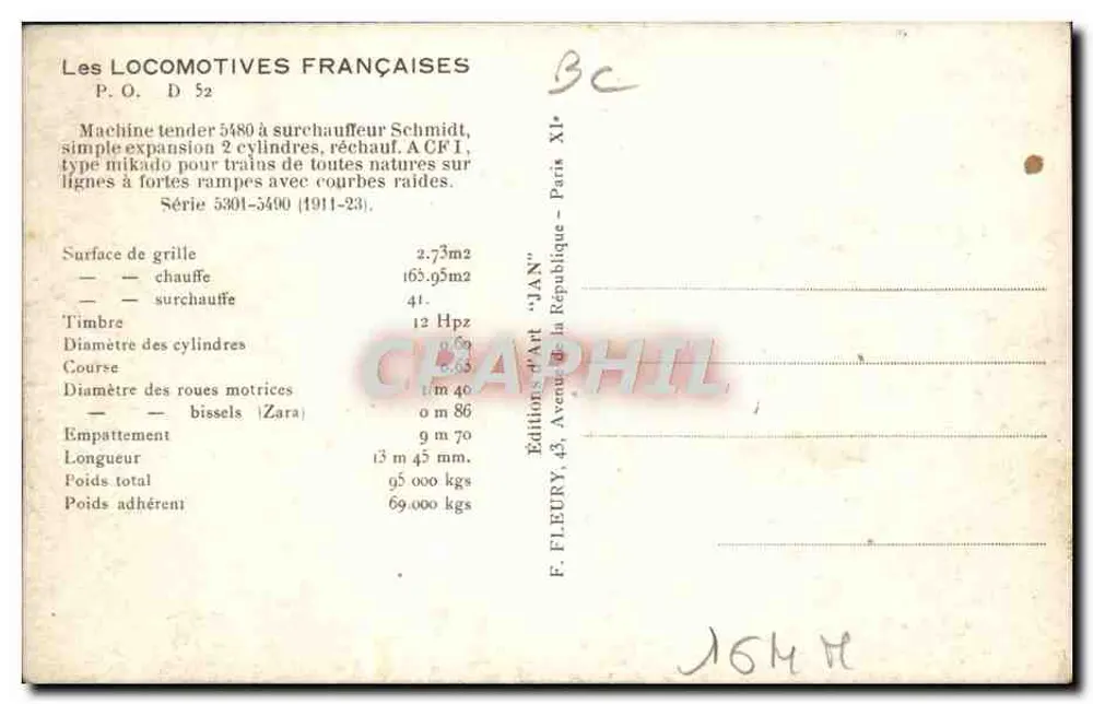 Dampflok mit Überheizung Schmidt — Serie 5301-5400 — Éditions d'Art 'JAN' - Rückseite