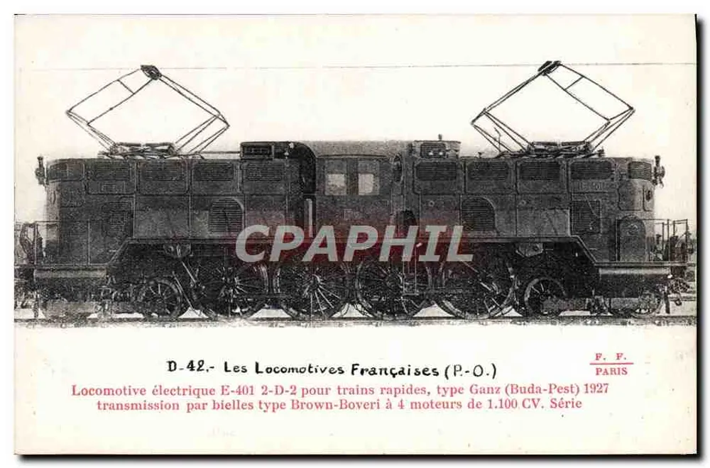 Elektrische Lokomotive E-401 2-D-2 für Schnellzüge, Typ Ganz (Buda-Pest) 1927 — Serie D-42, Verlag P.O. Paris - Vorderseite