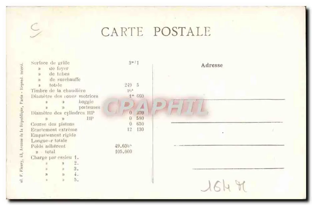 Locomotiva-tender n° 5505 — Serviço de Subúrbio — F. F. PARIS - Verso