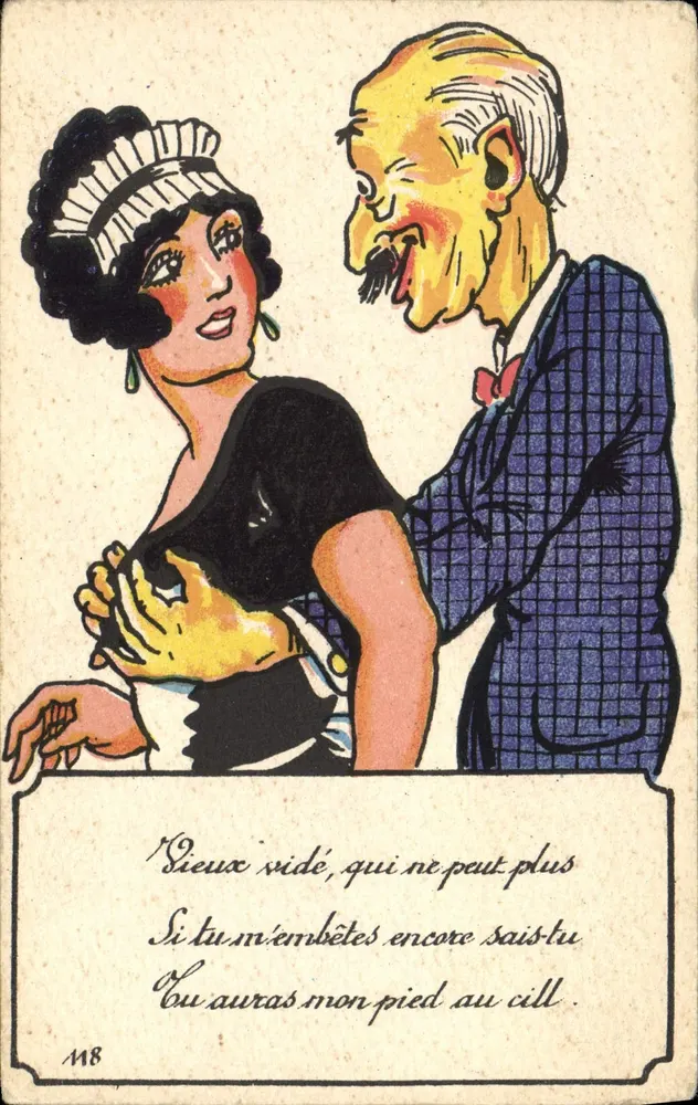 Młoda kobieta i stary mężczyzna — humorystyczna scena — kolekcja Komika, Paryż, nr 118 - Awers