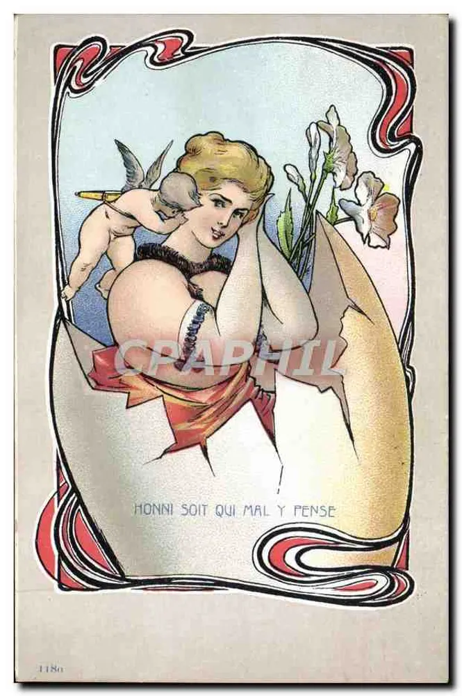Cupidon et femme — 'HONNI SOIT QUI MAL Y PENSE' — série 1180 - Recto