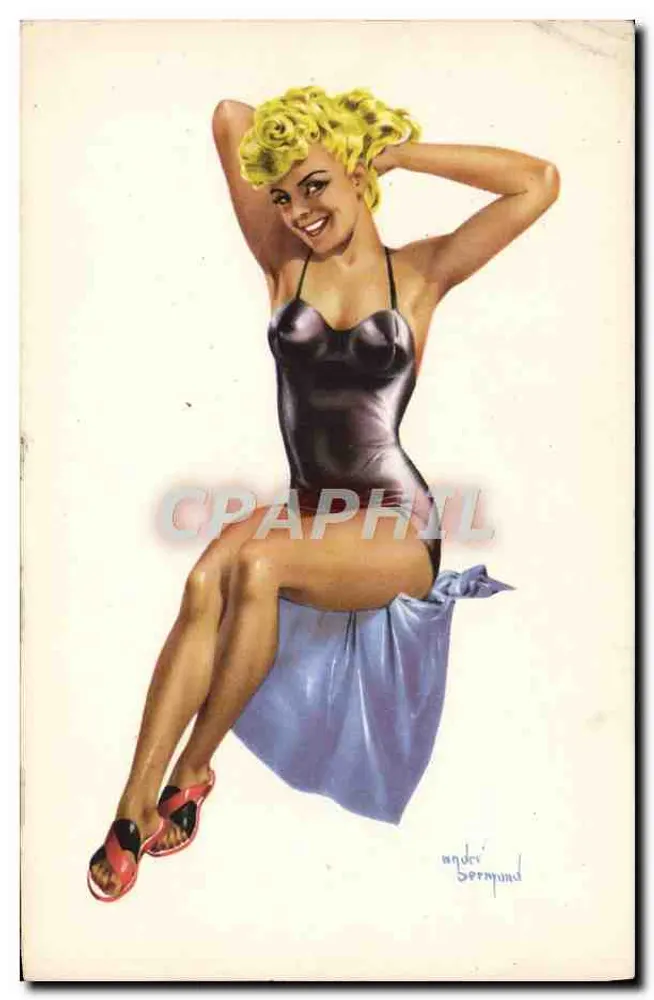 Femme en maillot noir — assise sur un drap bleu — dessin de Berymund - Frente