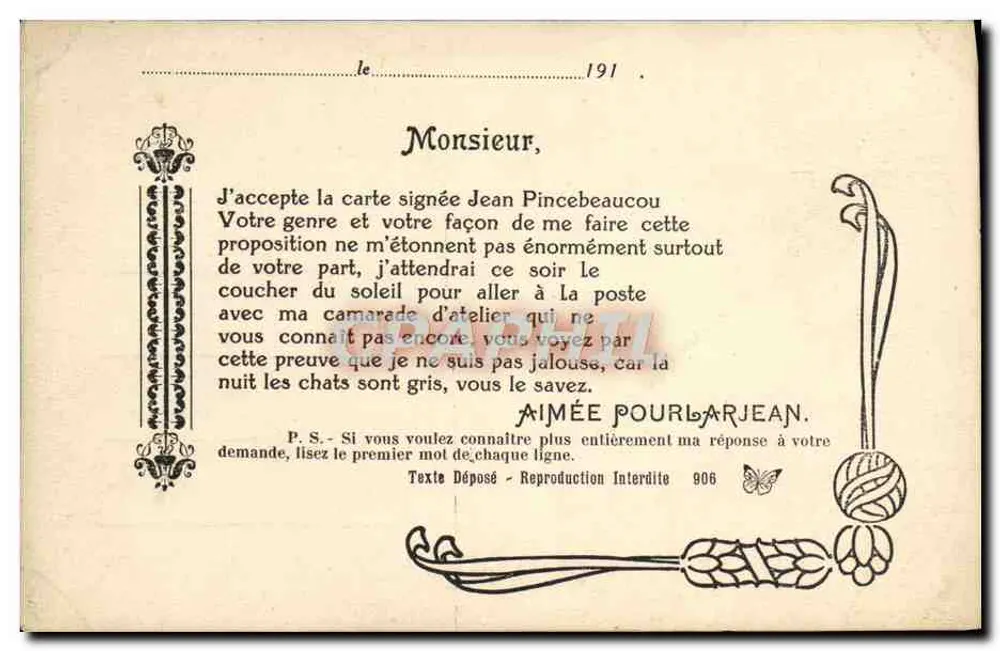 Carta postal de Aimée Pourbarjean — texto impresso e manuscrito — editor Nodros - Frente