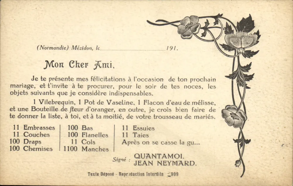 Mézidon (Normandia) — Carta de felicitações de casamento — Assinada por Jean Neymard - Frente