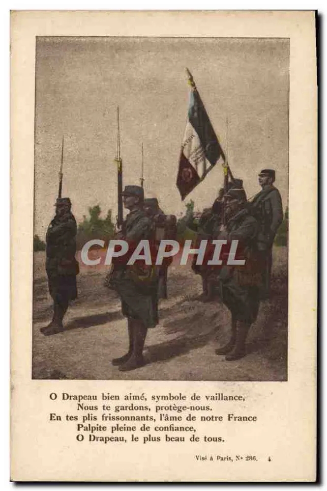 Soldados em parada com bandeira tricolor — O Drapeau bem amado, símbolo de coragem — Visado em Paris, N° 280 - Frente