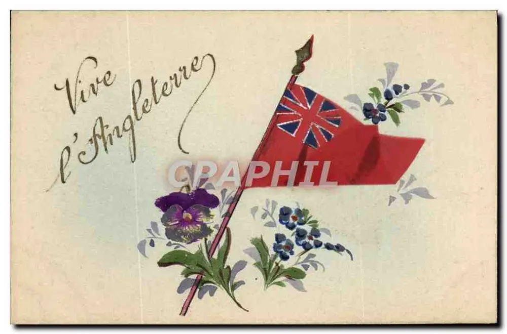 Bandeira britânica e flores — 'Viva a Inglaterra' — carta postal francesa - Frente