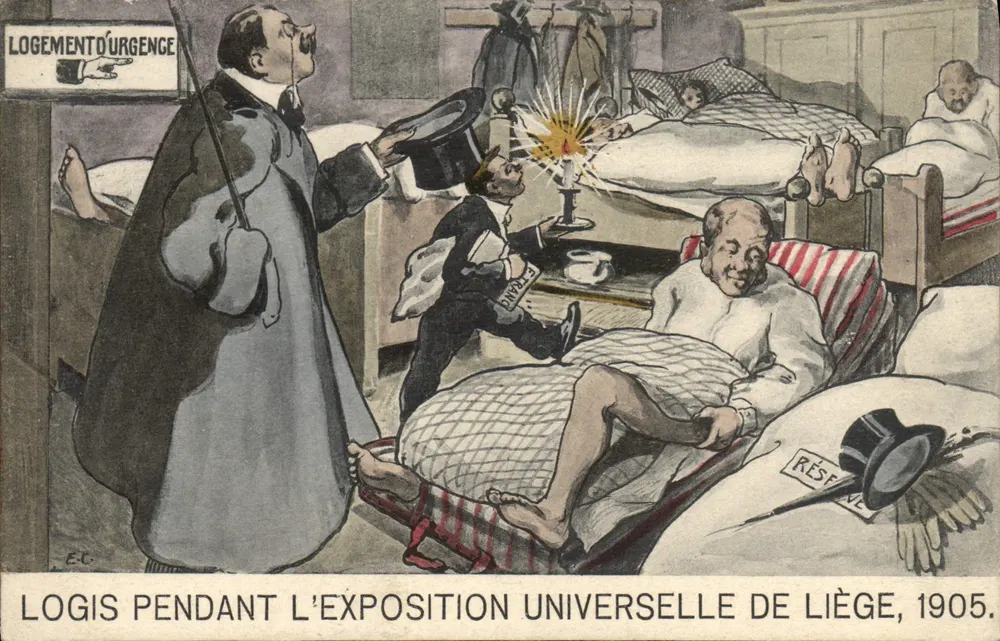 Wohnung während der Weltausstellung in Lüttich, 1905 — satirische Karikatur — E.C. (unbekannter Verlag) - Vorderseite