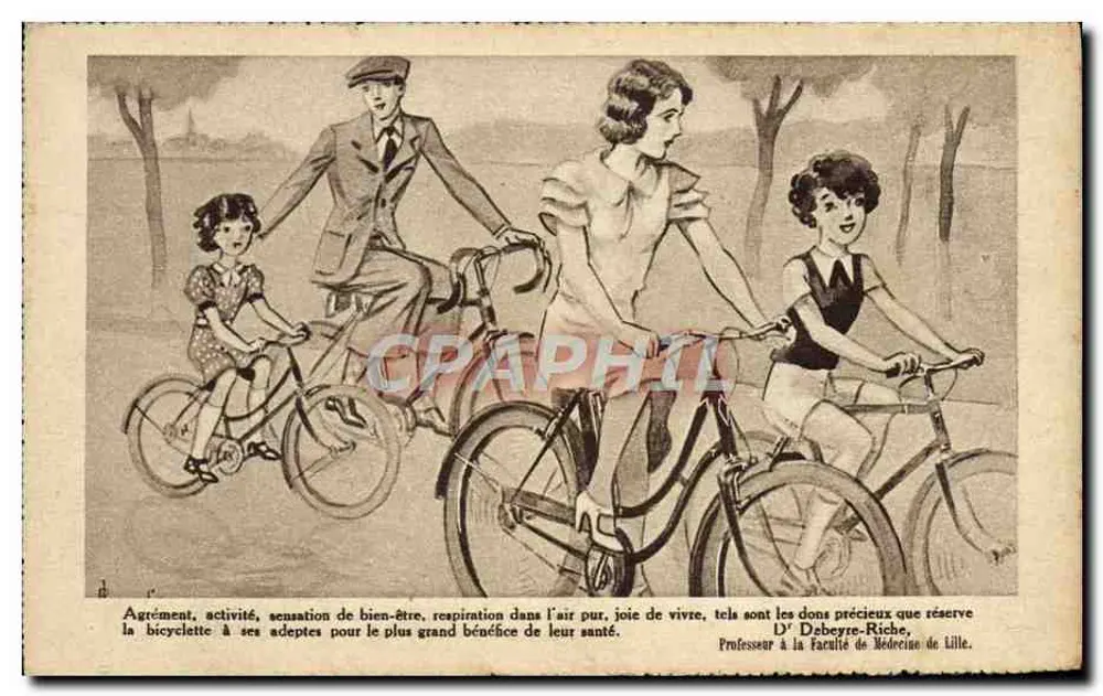 साइकिल पर परिवार — साइकिल के लिए विज्ञापन — डॉ. डेबेर-रिचे, लिल के चिकित्सा विश्वविद्यालय के प्रोफेसर - आगे