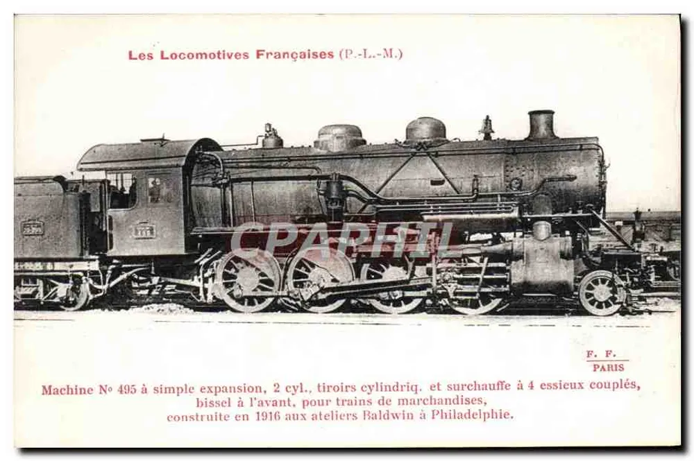 Francuska lokomotywa N° 495 — Maszyna z prostym rozszerzeniem, 2 cylindry, nadmiar ciepła na 4 osiach sprzężonych — P.-I.-M. / F. F. PARIS - Awers