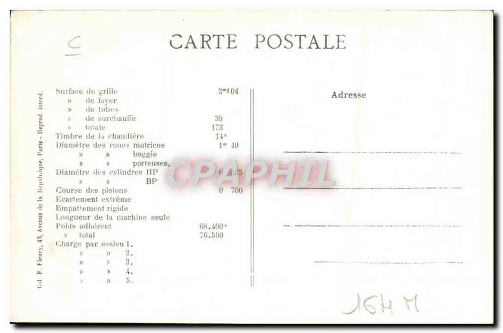 Francuska lokomotywa N° 495 — Maszyna z prostym rozszerzeniem, 2 cylindry, nadmiar ciepła na 4 osiach sprzężonych — P.-I.-M. / F. F. PARIS - Rewers