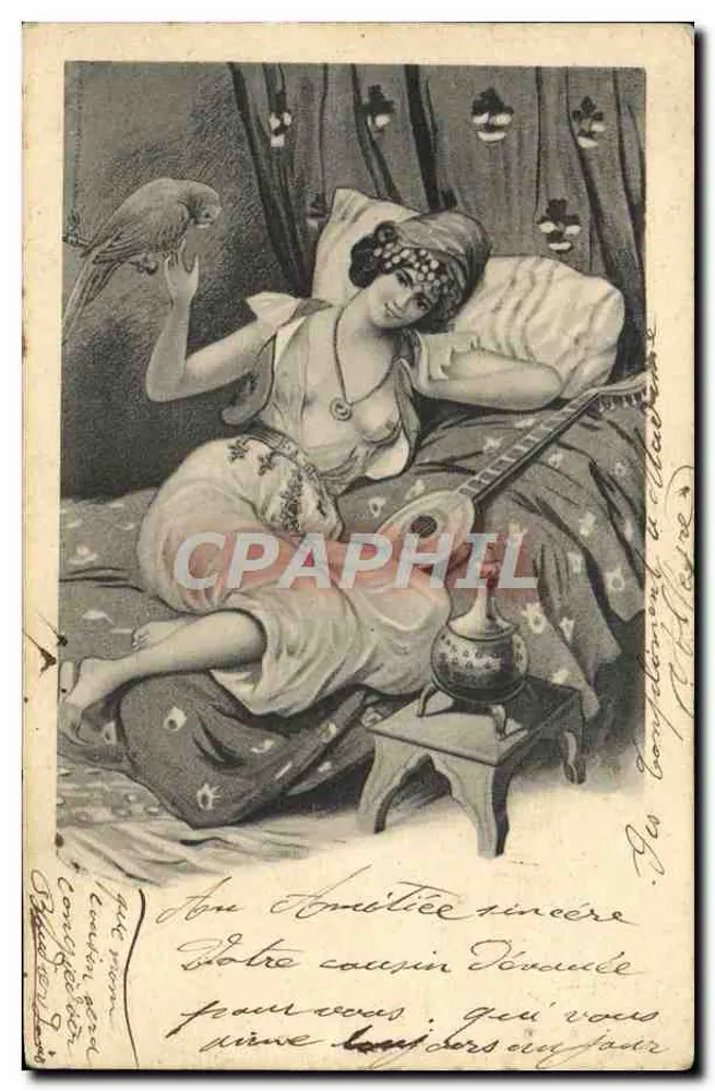 Orientalische Frau mit Papagei — intime Szene — Verlag unbekannt - Vorderseite
