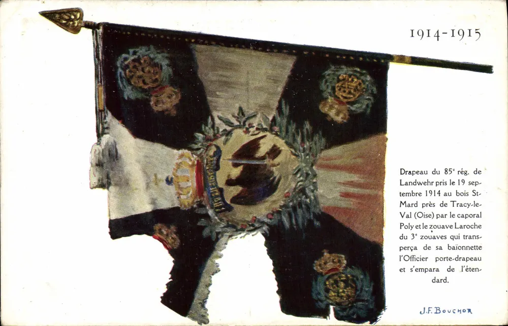 Flagge des 85. Landwehr-Regiments — erobert im Wald St-Mard nahe Tracy-le-Val (Oise) im Jahr 1914 — Verlag Julien Damoy, Paris - Vorderseite