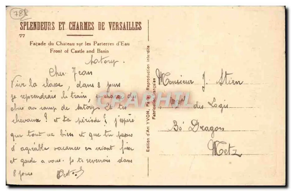 Versailles — Façade du Château sur les Parterres d'Eau — Édition d'Art YVON, n°77 - Rückseite