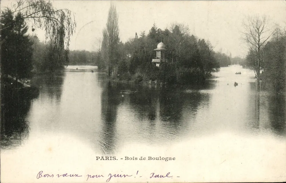 Paris - Bois de Boulogne — vista do lago com quiosque — editor não identificado - Frente