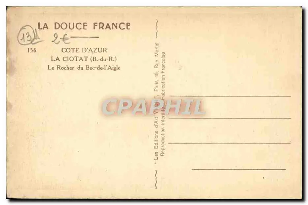 O Rocher du Bec-de-l'Aigle — Costa da Azur — Edições de Arte V. Martel - Verso