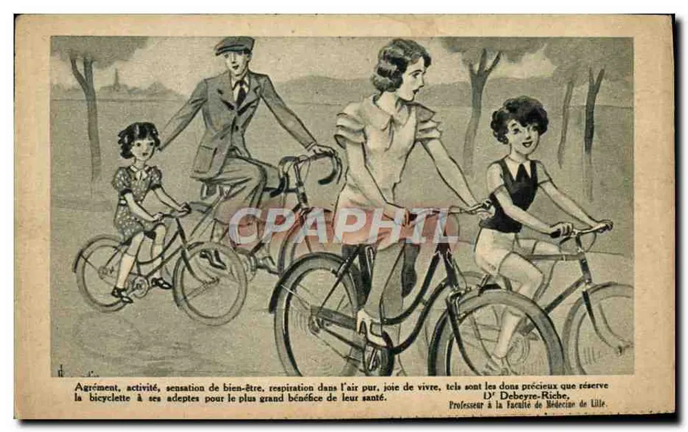 Família em bicicleta — propaganda para a bicicleta — Dʳ Deboyre-Riche, Professor na Faculdade de Medicina de Lille - Frente