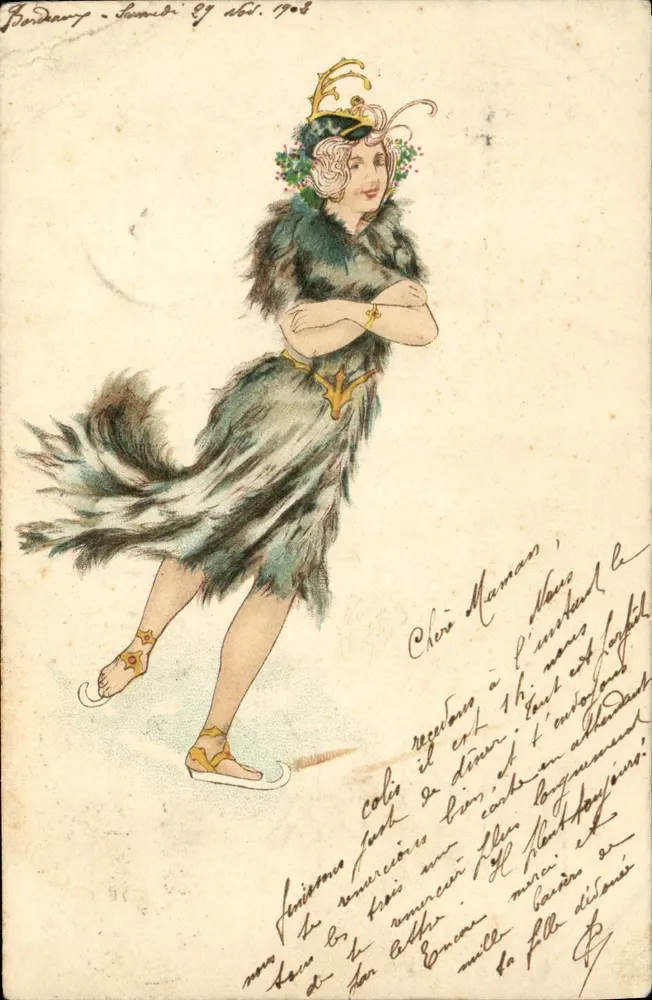 Fondary - Samstag, 29. August 1908 — Schlittschuhlauf-Szene — unbekannter Verlag - Vorderseite
