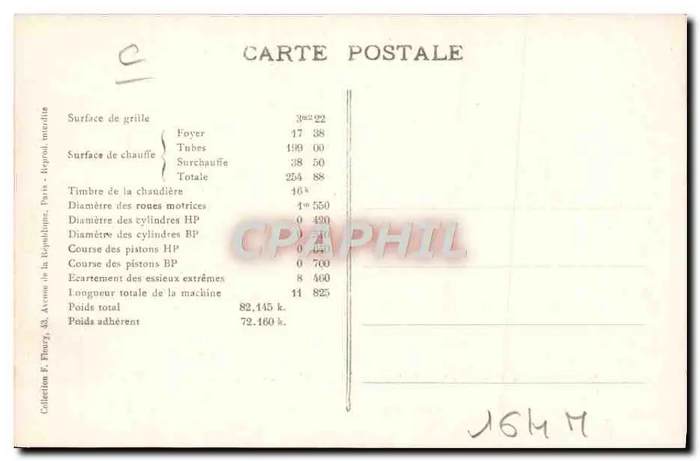 Locomotiva francesa — Máquina N° 4.213, tipo Consolidation — F. F. Paris - Verso