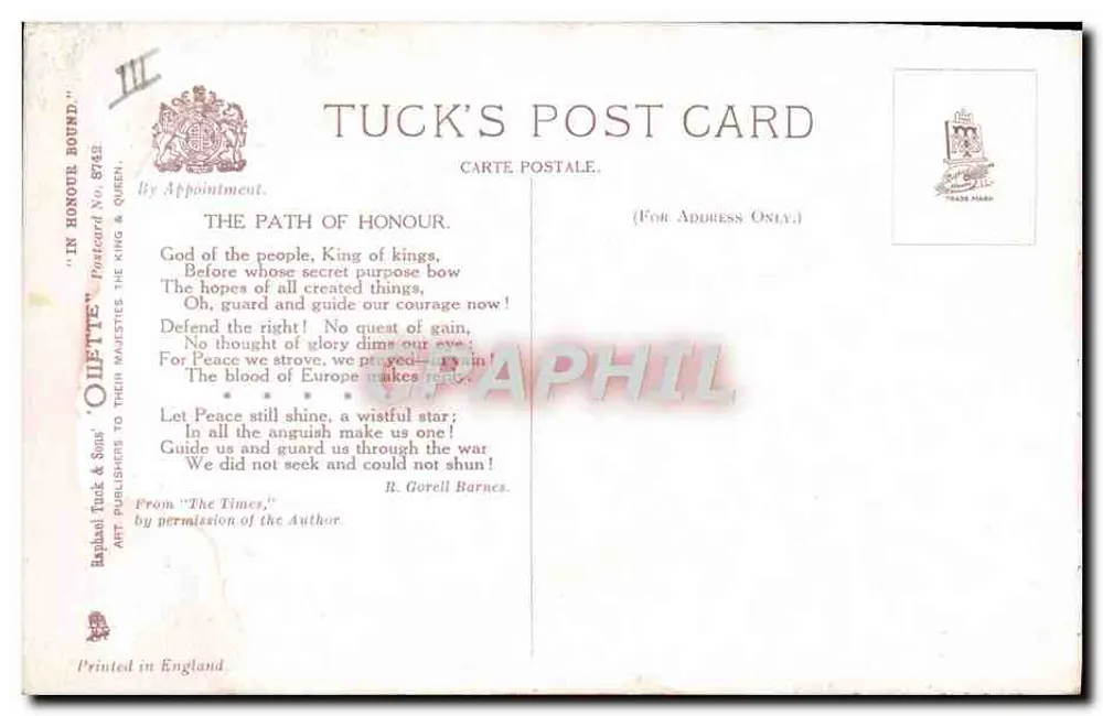 In Honour Bound — Tuck's Post Card No. 8742 — 'O'Leette' - Verso